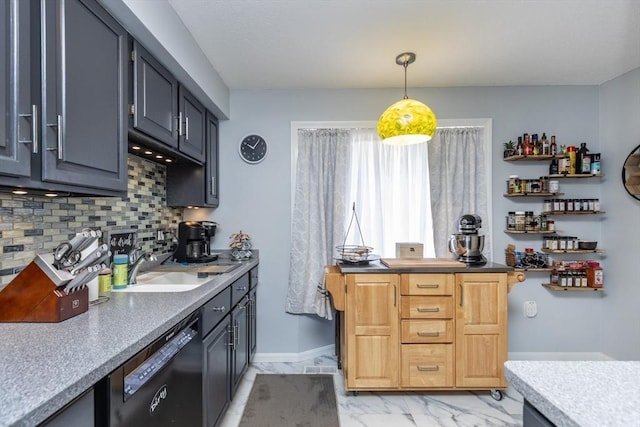 1102 Foxwood Cir Unit 1102, Peabody, MA 01960 - kitchen featuring black dishwasher, light marble finish flooring, tasteful backsplash, hanging light fixtures, and a sink