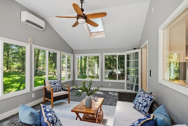 6 Candida Ln, Acton, MA 01720 - sunroom / solarium featuring a wall unit AC, ceiling fan, outdoor lounge area, lofted ceiling, and a skylight