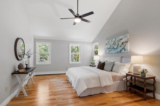 6 Candida Ln, Acton, MA 01720 - bedroom featuring light wood-type flooring, a baseboard radiator, high vaulted ceiling, and ceiling fan