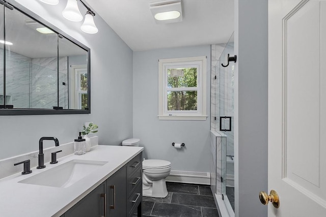 6 Candida Ln, Acton, MA 01720 - bathroom featuring baseboard heating, vanity, and a shower stall