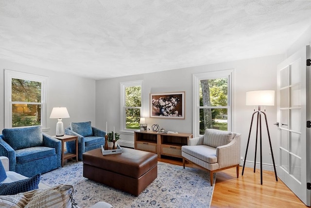 6 Candida Ln, Acton, MA 01720 - living area featuring healthy amount of natural light, light wood-type flooring, a baseboard heating unit, and a textured ceiling