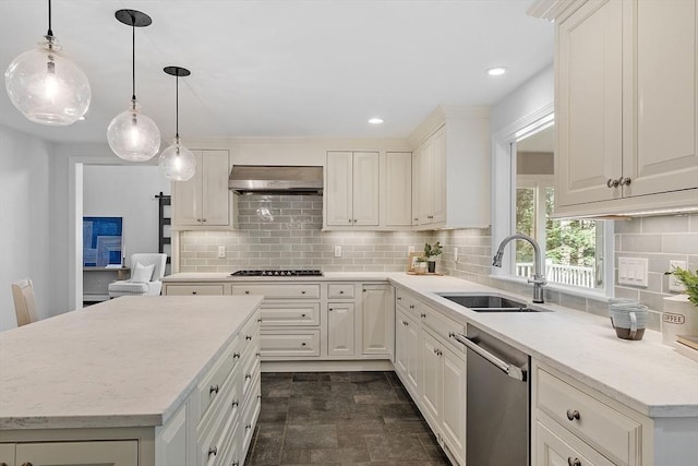 6 Candida Ln, Acton, MA 01720 - kitchen with dishwasher, wall chimney range hood, backsplash, hanging light fixtures, and recessed lighting