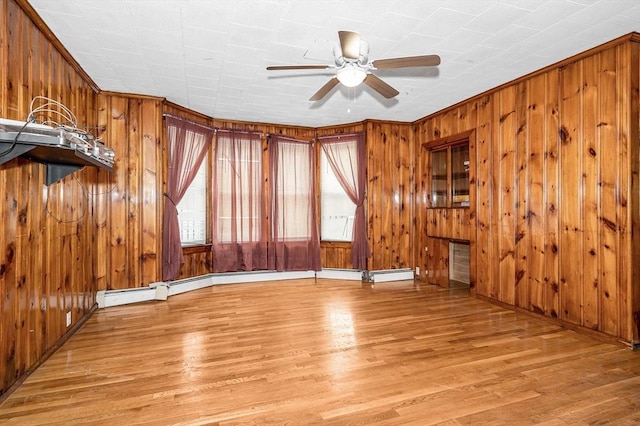 interior space featuring light hardwood / wood-style floors, wooden walls, and ceiling fan