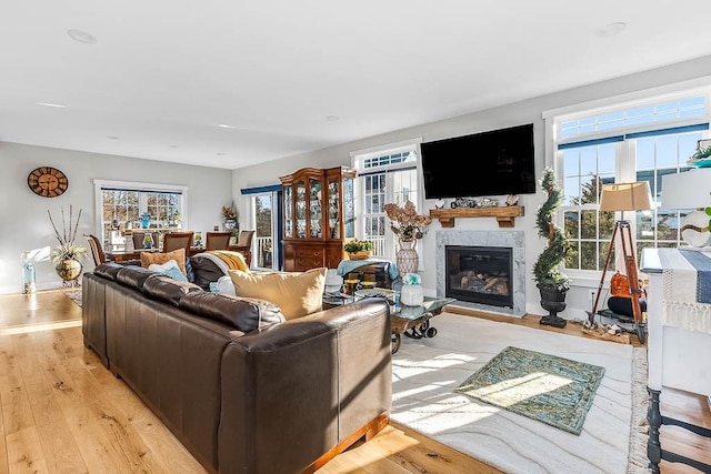 living area featuring light wood-style floors, a wealth of natural light, and a glass covered fireplace