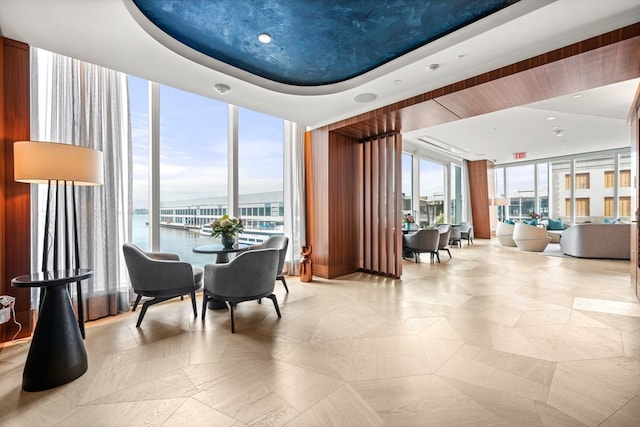 lobby featuring a water view