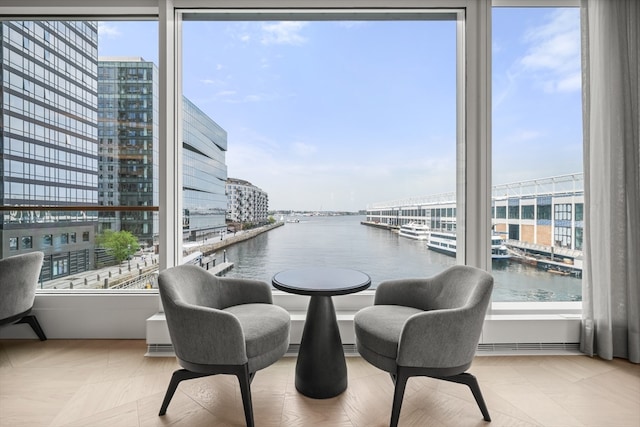 dining area with a water view