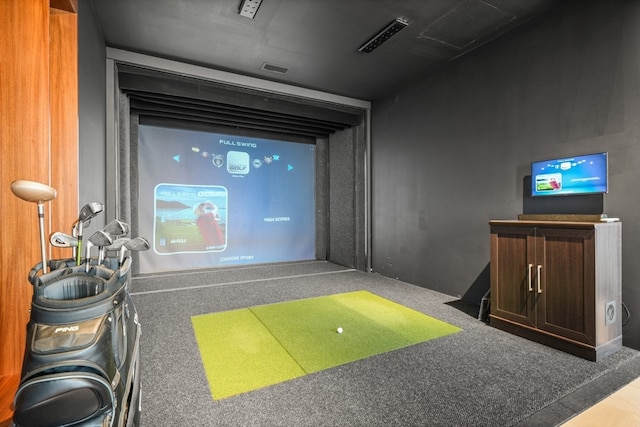 rec room with carpet and golf simulator