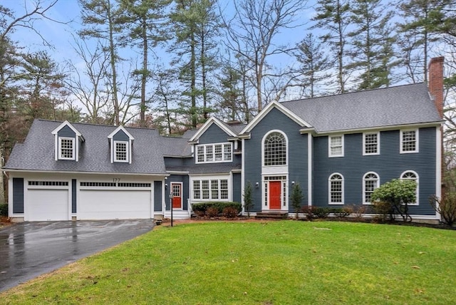 view of front of property featuring a front yard, roof with shingles, and aphalt driveway