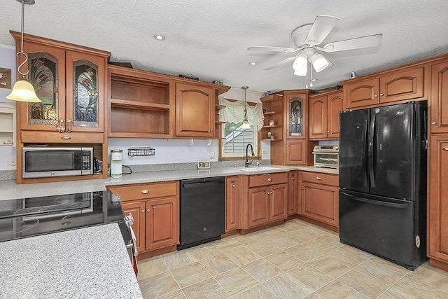 kitchen featuring black appliances, open shelves, light countertops, brown cabinets, and recessed lighting