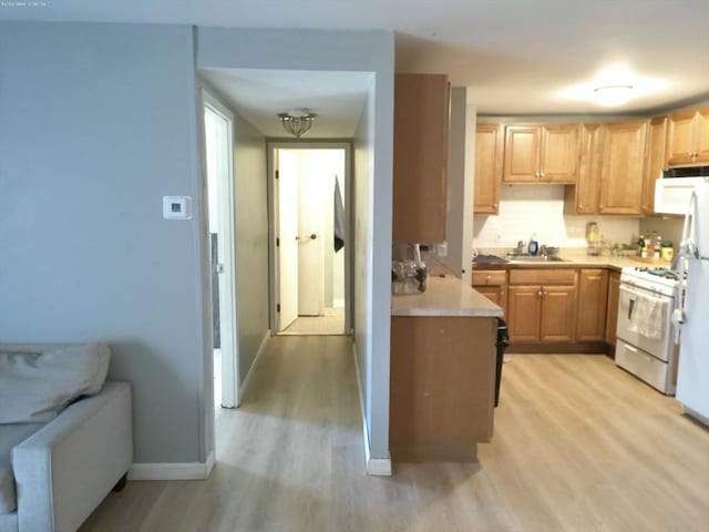 kitchen featuring white appliances, light brown cabinetry, light hardwood / wood-style floors, and sink