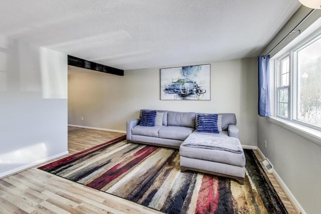 living room with beam ceiling, hardwood / wood-style floors, and a textured ceiling