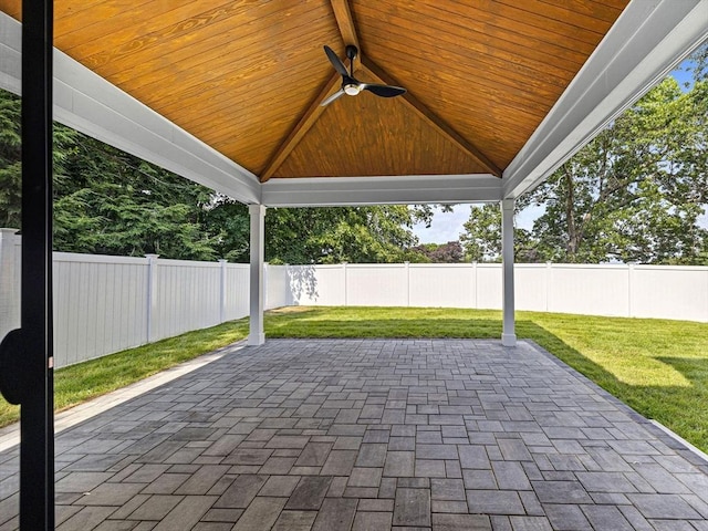 view of patio featuring ceiling fan and a gazebo