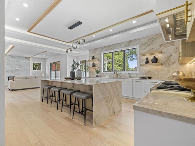 kitchen with light stone countertops, pendant lighting, a kitchen bar, white cabinetry, and a large island