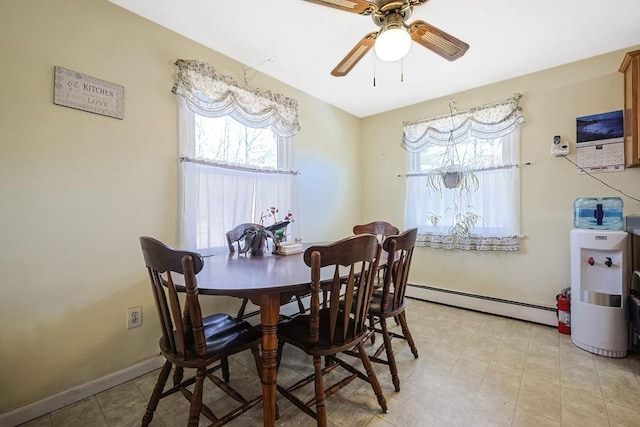 dining space with baseboard heating, baseboards, and ceiling fan