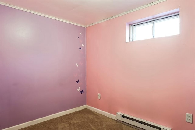 unfurnished room with baseboards, a baseboard heating unit, and carpet