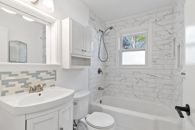 full bathroom featuring shower / bath combination, vanity, tasteful backsplash, and toilet