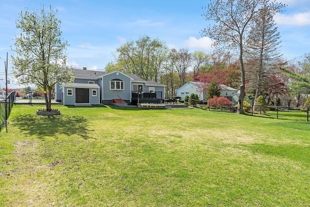 view of yard with a wooden deck and a fenced backyard