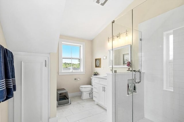 6 Macdonald Ter Unit E, Scituate, MA 02066 - full bath with vanity, a stall shower, marble finish flooring, vaulted ceiling, and toilet
