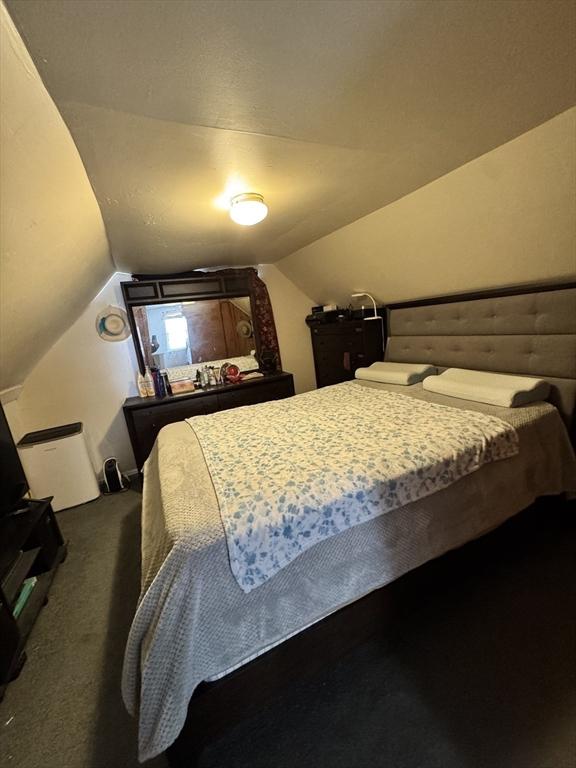 bedroom featuring dark carpet and vaulted ceiling