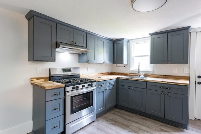 54 Hazard St, New Bedford, MA 02740 - kitchen with stainless steel gas range, under cabinet range hood, wood counters, light wood finished floors, and gray cabinets