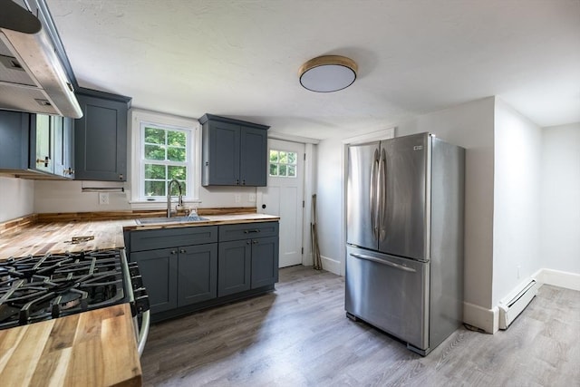 54 Hazard St, New Bedford, MA 02740 - kitchen with stainless steel appliances, butcher block countertops, under cabinet range hood, and light wood-style floors