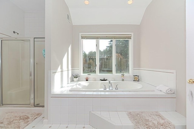 104 Channing Rd, Concord, MA 01742 - full bath with a shower stall, vaulted ceiling, a garden tub, and tile patterned floors