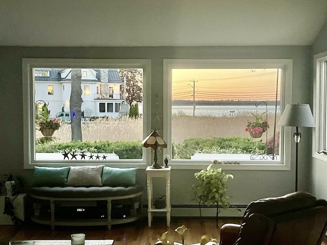 6 Riverview Dr, Newburyport, MA 01950 - sitting room with a water view, a baseboard radiator, and wood finished floors