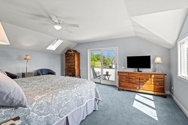 6 Riverview Dr, Newburyport, MA 01950 - bedroom with access to outside, vaulted ceiling, carpet, a skylight, and a ceiling fan