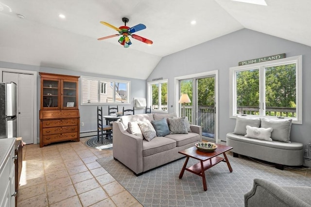 6 Riverview Dr, Newburyport, MA 01950 - living room featuring baseboard heating, a ceiling fan, vaulted ceiling, and recessed lighting
