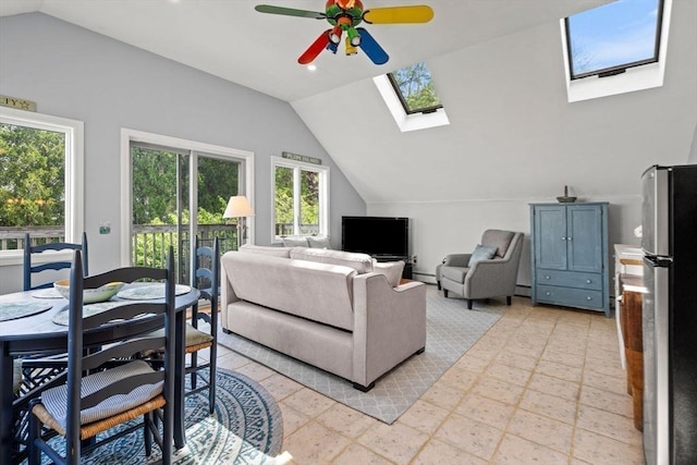 6 Riverview Dr, Newburyport, MA 01950 - living area with a skylight, lofted ceiling, and a ceiling fan
