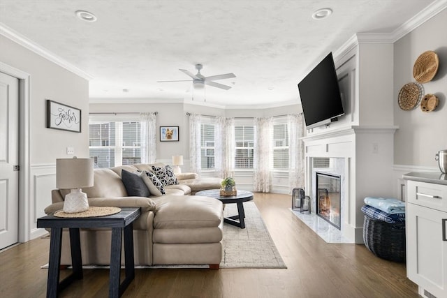 living room featuring dark wood-style floors, ceiling fan, ornamental molding, and a fireplace