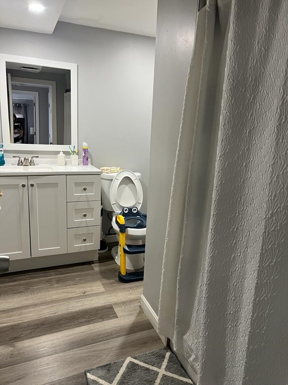 bathroom with vanity and hardwood / wood-style flooring