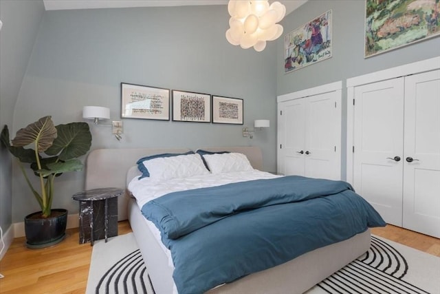 bedroom with two closets, wood finished floors, and a high ceiling