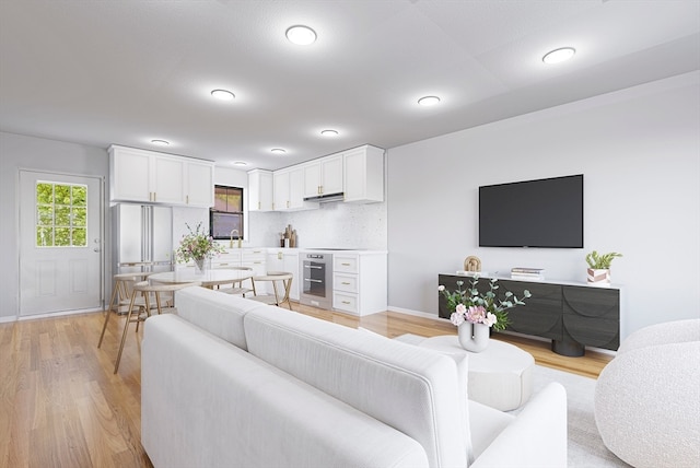 living room with light hardwood / wood-style floors and sink