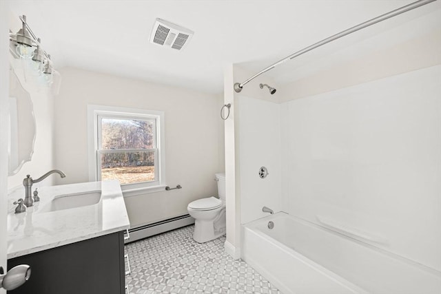 full bathroom featuring bathtub / shower combination, a baseboard radiator, vanity, and toilet