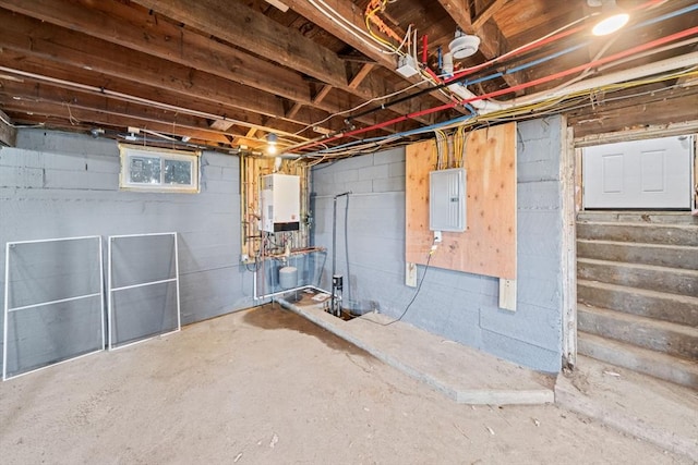 basement with water heater and electric panel