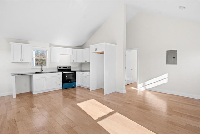 kitchen with sink, white cabinets, electric panel, stainless steel electric range, and high vaulted ceiling