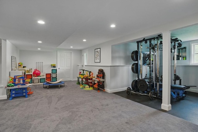 73 Sparrow Way, Raynham, MA 02767 - playroom featuring carpet flooring, baseboards, ornate columns, and recessed lighting