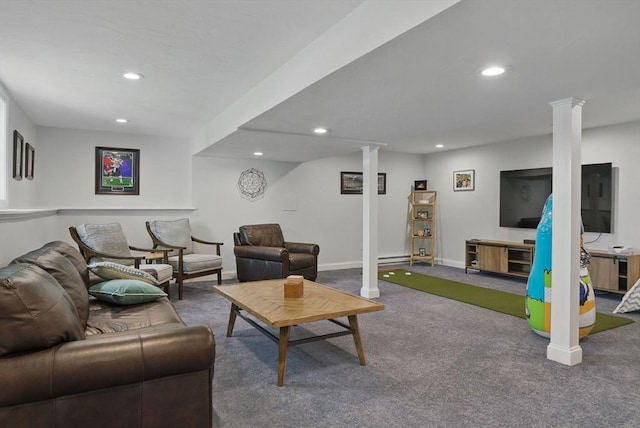 73 Sparrow Way, Raynham, MA 02767 - carpeted living area with baseboards, decorative columns, and recessed lighting