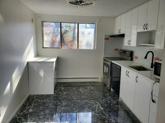 kitchen featuring sink, a baseboard heating unit, stainless steel appliances, white cabinets, and decorative backsplash