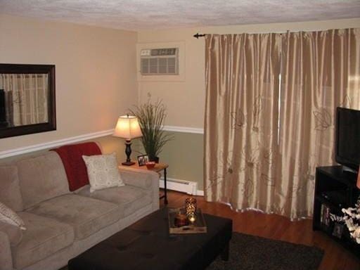 living room with wood-type flooring, a textured ceiling, a wall unit AC, and baseboard heating