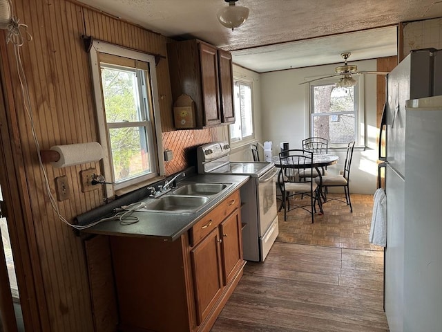 kitchen featuring a wealth of natural light, range with electric cooktop, refrigerator, and ceiling fan