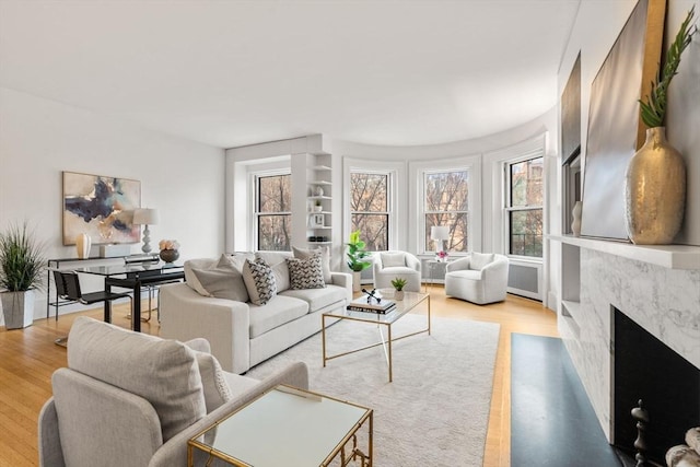 living room featuring a premium fireplace and light wood-type flooring