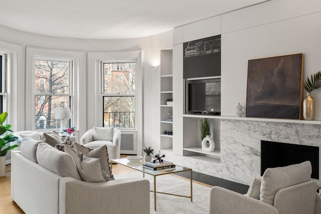 living room with a premium fireplace, light wood-type flooring, and built in shelves