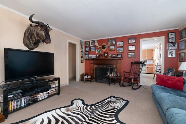 living room with a fireplace, light colored carpet, and ornamental molding