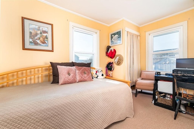 bedroom with carpet flooring, crown molding, and multiple windows