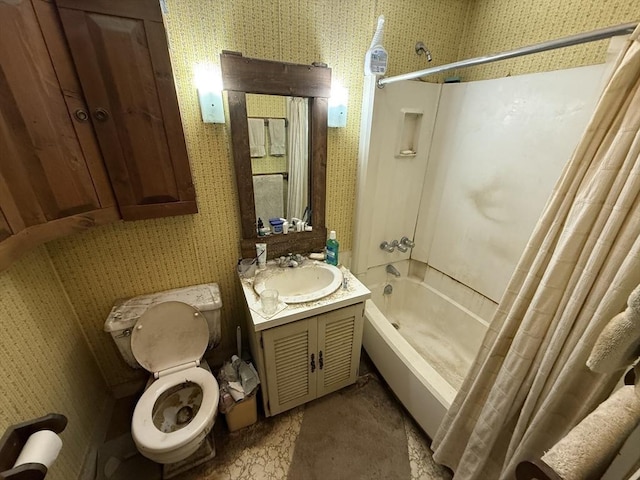 bathroom featuring toilet, shower / bath combination with curtain, vanity, and wallpapered walls