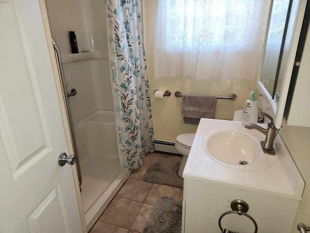 bathroom featuring vanity, baseboard heating, toilet, tile patterned floors, and a shower with curtain