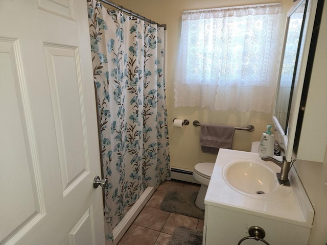 bathroom featuring a baseboard heating unit, vanity, a shower with curtain, tile patterned floors, and toilet