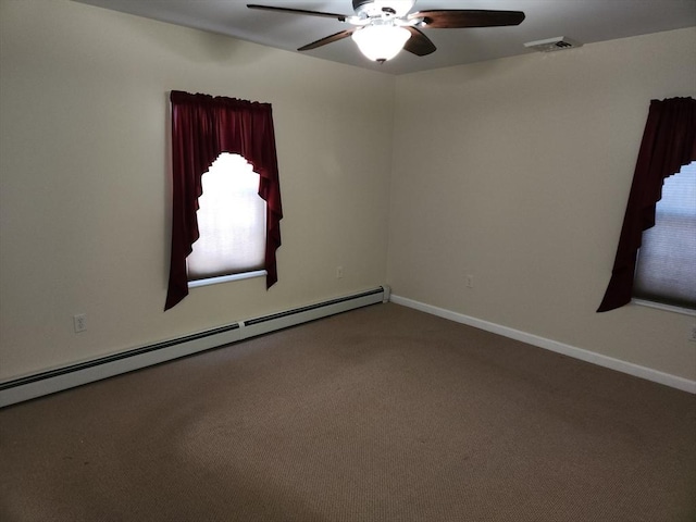 unfurnished room featuring ceiling fan, carpet, and baseboard heating